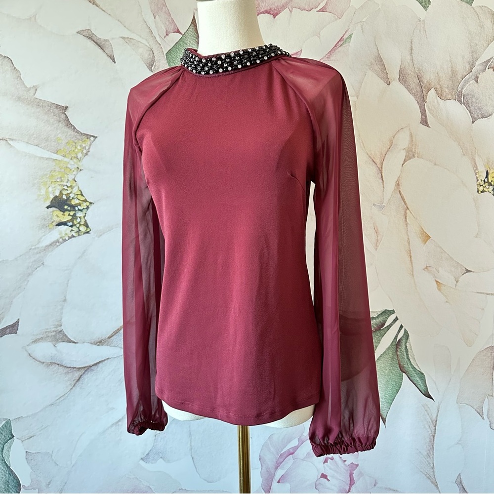 Red Puff Sleeve Bishop Sleeve Blouse